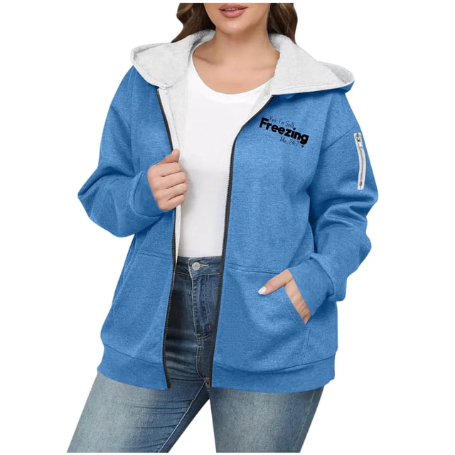 Hvobtty Women's Long Sleeve Hooded Fleece Jackets, Women's Fashion Large Size Solid Color Zipper Hooded Plus Velvet Thickened Sweater Drop Shoulder Long Sleeve Outwear