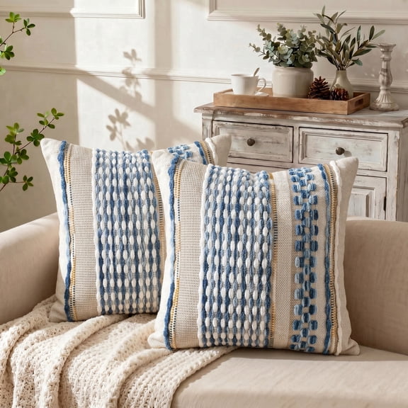 Fancy Homi 2 Pc Textured Chenille Throw Pillow Cover, 18x18 Inch, Boho Sky Blue Striped Decorative Cushion Case for Couch Living Room Bed