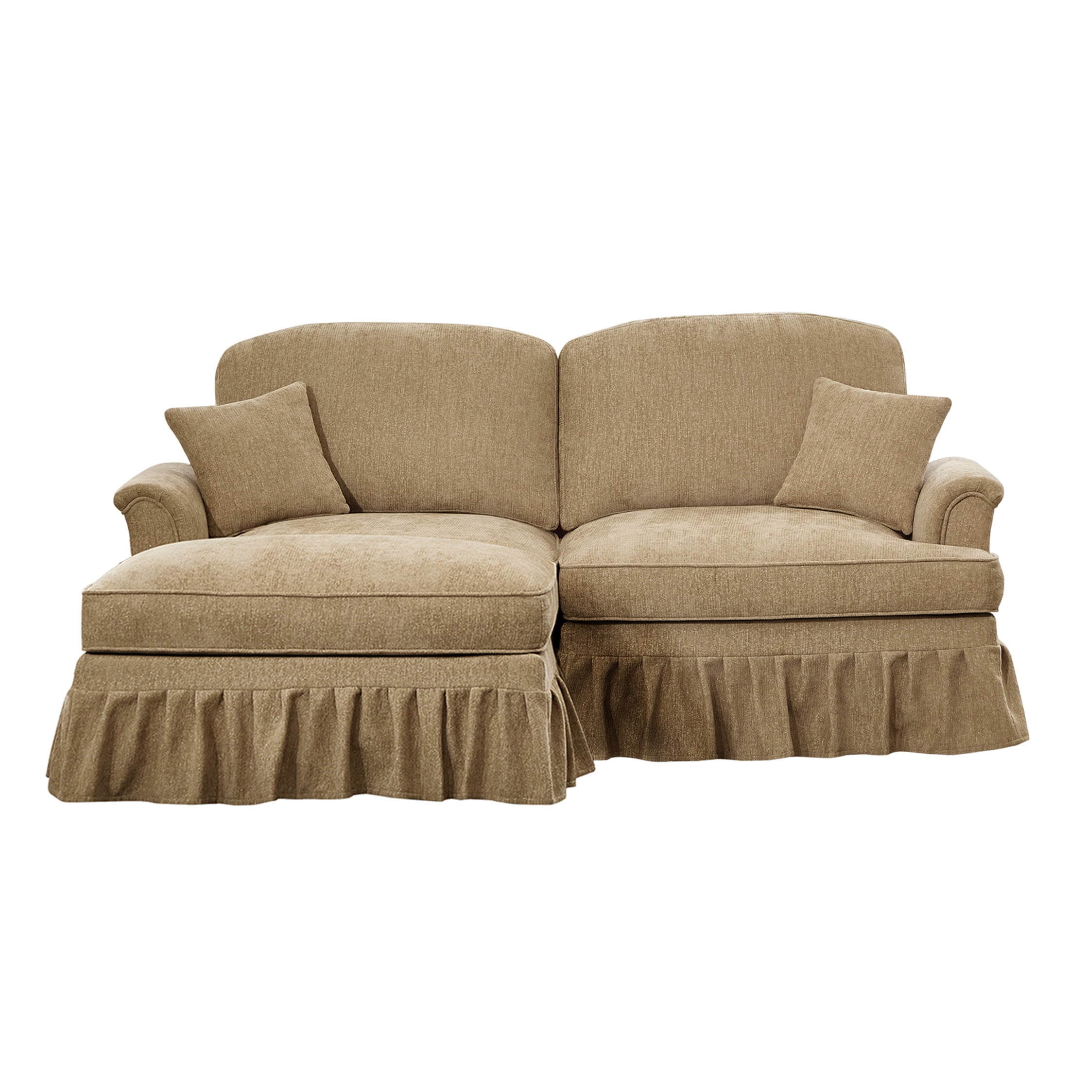 Noble House L-Shaped 2-Seater Sofa with Flared Arms, Removable Pleated Skirt, Spindle Legs, Chenille, Movable Ottoman, Light Coffee