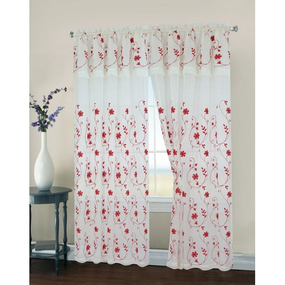 2 Pack, Regal Home Collections Malta Embroidery Sheer Curtain Panel Pair with Attached Valance, Red