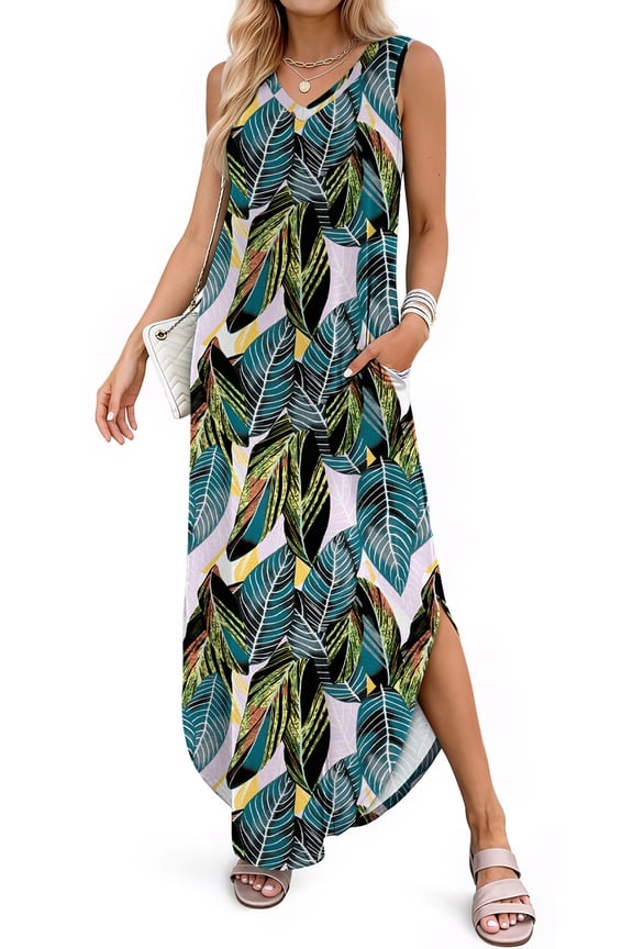 Summer Maxi Dresses for Women V Neck Tank Dress Vacation Beach Floral Sundresses with Pockets