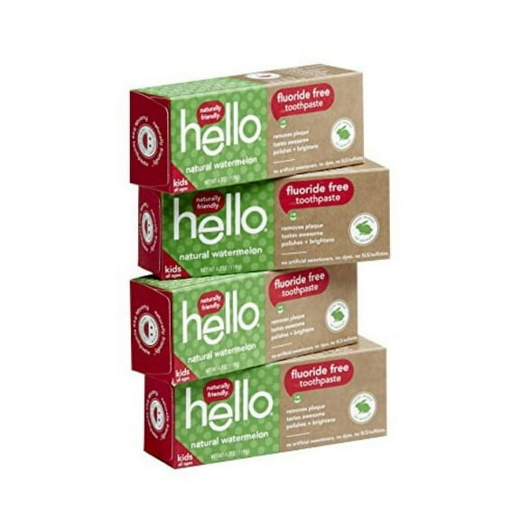 Hello Oral Care Kids Fluoride Free Toothpaste for 3 Months , Gluten Free and SLS Free, Natural Watermelon, 4 Count