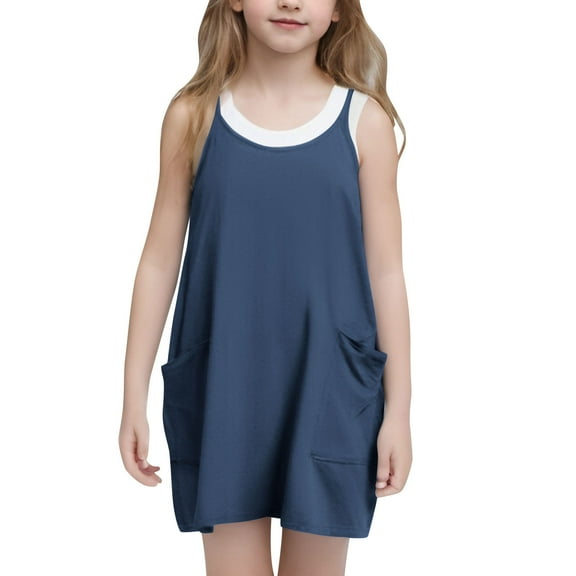 ATOGUTA Summer Casual Dresses for Girls 5T-14 Casual Summer Straps Romper Dresses Tennis Dresses With Pockets Navy