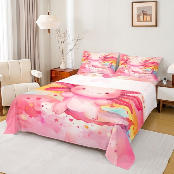 Homewish Cute Pink Axolotl Twin Sheet Sets 3pcs for Kids Teens,Cartoon Stars Love Heart Twin Fitted Sheet Microfiber,Kawaii Animal Salamander Breathable Flat Sheet,Lightweight Room Decor