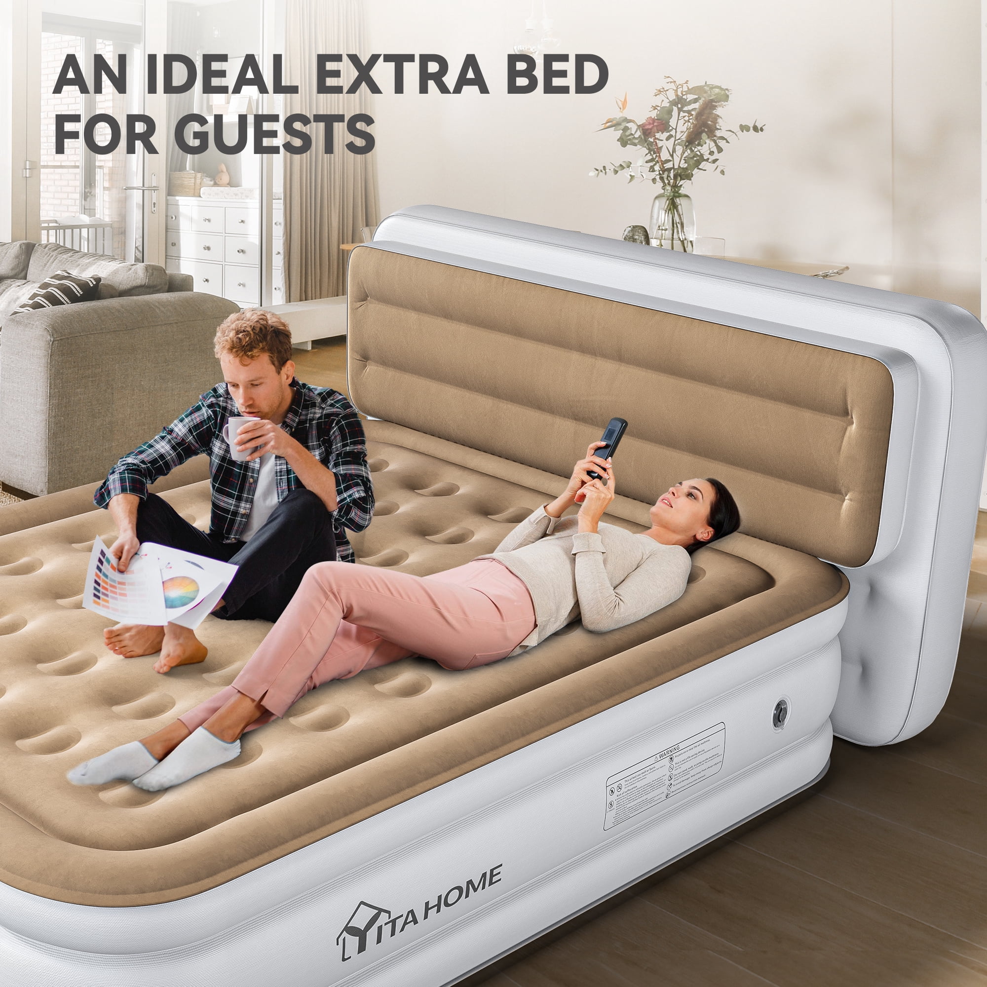 Uforic Queen Size Air Mattress with Pump and Banded Headboard, 18in Luxury Flocked Top Blow up Mattress, Durable Inflatable Mattress for Home & Guests, Khaki Air Bed
