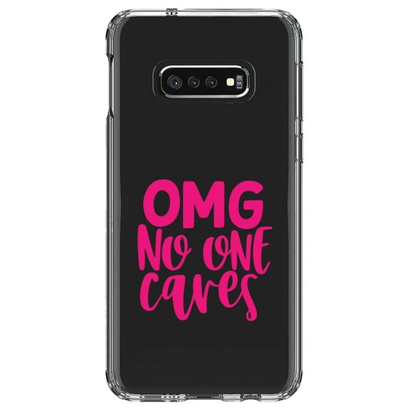 DistinctInk Clear Shockproof Hybrid Case for Samsung Galaxy S10e (5.8" Screen) - TPU Bumper Acrylic Back Tempered Glass Screen Protector - OMG No One Cares - Hot Pink
