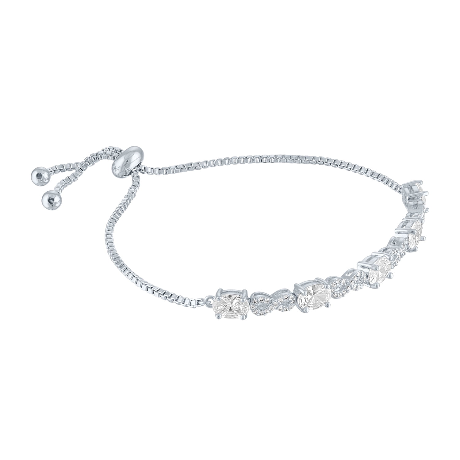 Sterling Silver Plated Brass Simulated Diamond Adjustable Bracelet
