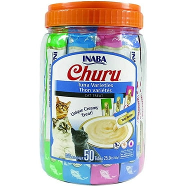 INABA Churu Cat Treats, Grain-Free, Lickable, Squeezable Creamy Pure Cat Treat with Taurine & Vitamin E, 0.5 Ounces Each Tube, 50 Tubes Total