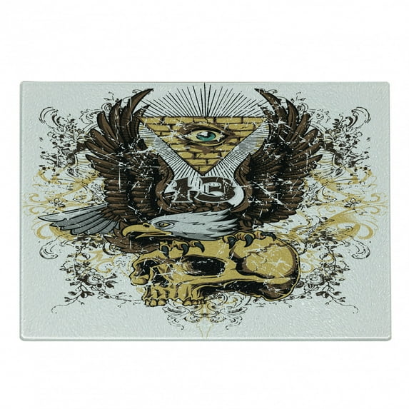 Tattoo Cutting Board, American Eagle Wings Wide Open Top of Skull Carrying Brick Wall with Eye Print, Decorative Tempered Glass Cutting and Serving Board, Small Size, Brown and White, by Ambesonne