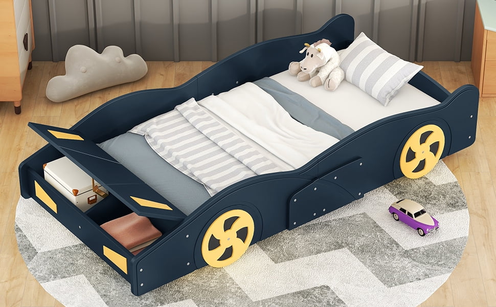 Twin Size Platform Bed with Wheels and Storage, Dark Blue+Yellow