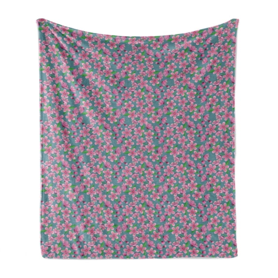 Cherry Blossom Soft Flannel Fleece Throw Blanket, Japanese Nature Inspired Sakura the of Renewal and Hope, Cozy Plush for Indoor and Outdoor Use, 50" x 70", Blue Grey Green and Pink, by Ambesonne