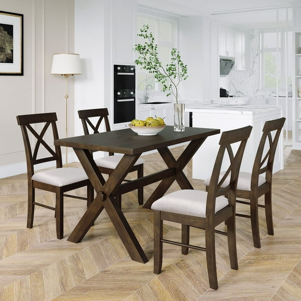 Piscis 5 Piece Dining Set Farmhouse Room Table With Chairs For Small Places Kitchen Brown And White Com Farmhouse Dining Room Table Set, Small Country Style Kitchen Table And Chairs