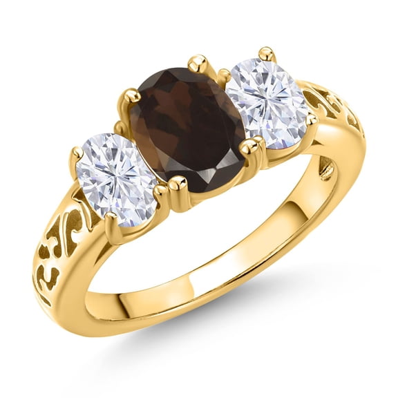 Gem Stone King 18K Yellow Gold Plated Silver Brown Smoky Quartz and White Moissanite Filigree Style 3 Stone Ring for Women (2.20 Cttw, Oval 8X6MM and 6X4MM) (Size 9)