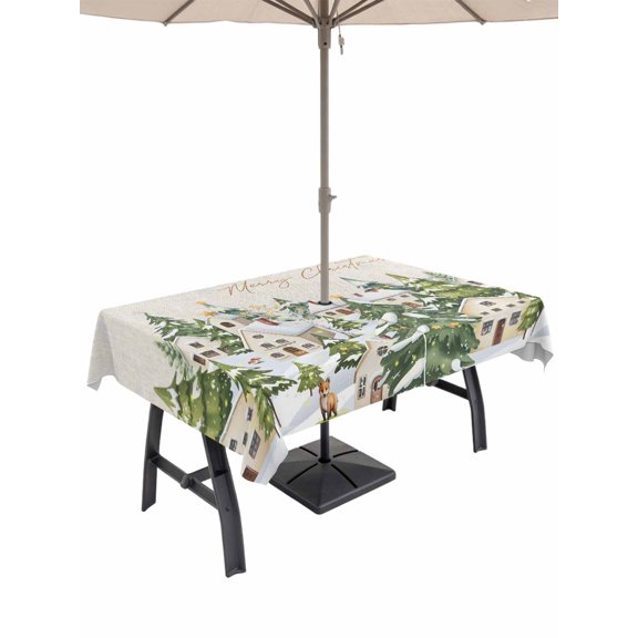 Outdoor Tablecloth with Umbrella Hole and Zipper, Christmas Rectangle Table Cloth 60x102 Inch Waterproof Tablecloth, Winter Xmas Trees Farmhouse Country Cabin on Linen Picnic Table Cover for Patio
