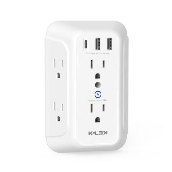 Multicontacto KELEK Blanco 6 Salidas con Puertos USB-A y USB-C y Supresor de Picos para Hogar, Ofici