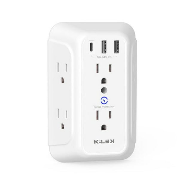Multicontacto KELEK Blanco 6 Salidas con Puertos USB-A y USB-C y Supresor de Picos para Hogar, Ofici