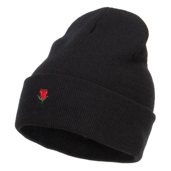 Mini Rose Embroidered Long Beanie - Black OSFM