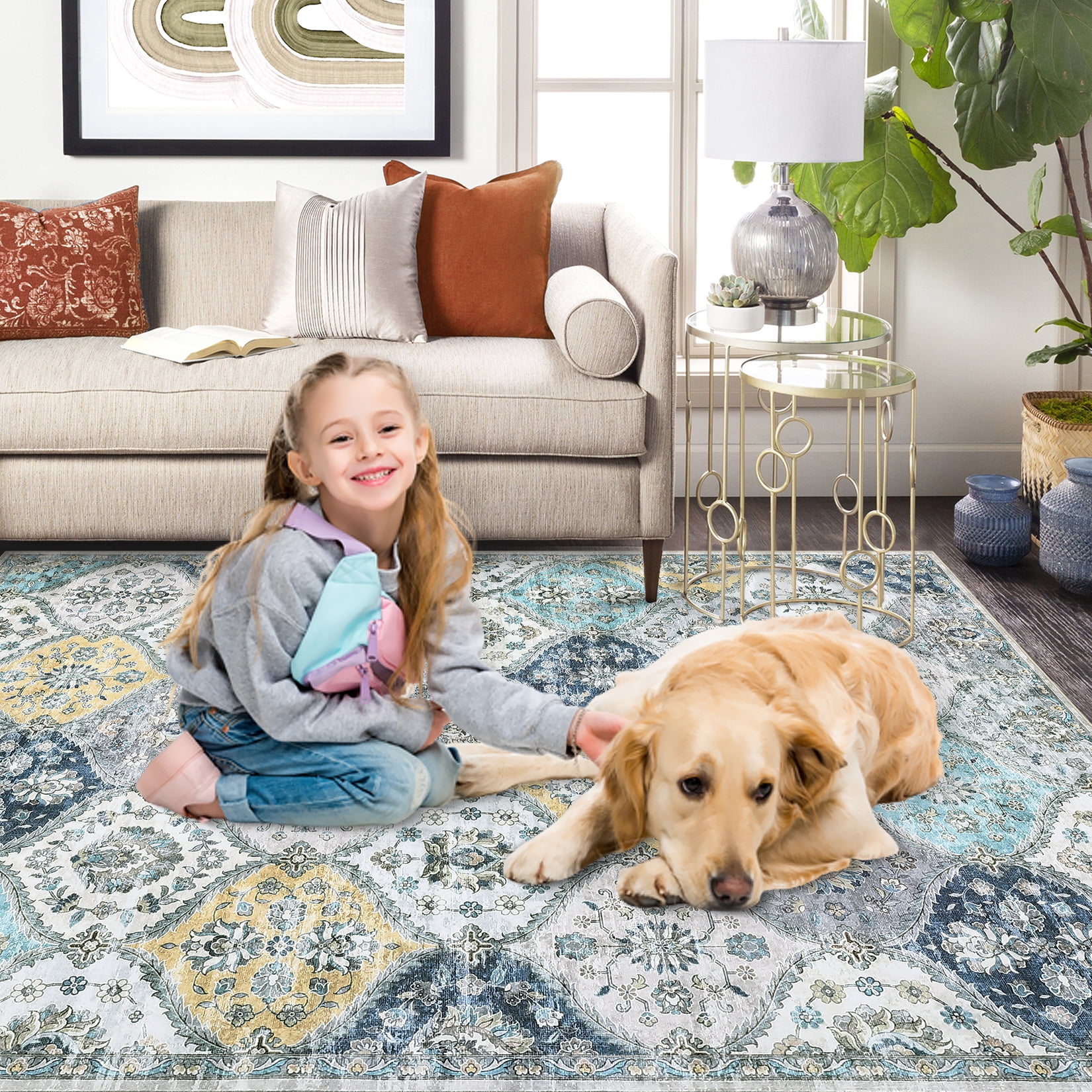 Luku 5ft*7ft Runner Rug Washable Moroccan Trellis Hallway Runner, Non-Slip Stain Resistant Area Rug Vintage Distressed Floral Kitchen Mat Floor Cover Carpet for Doorway Bedside