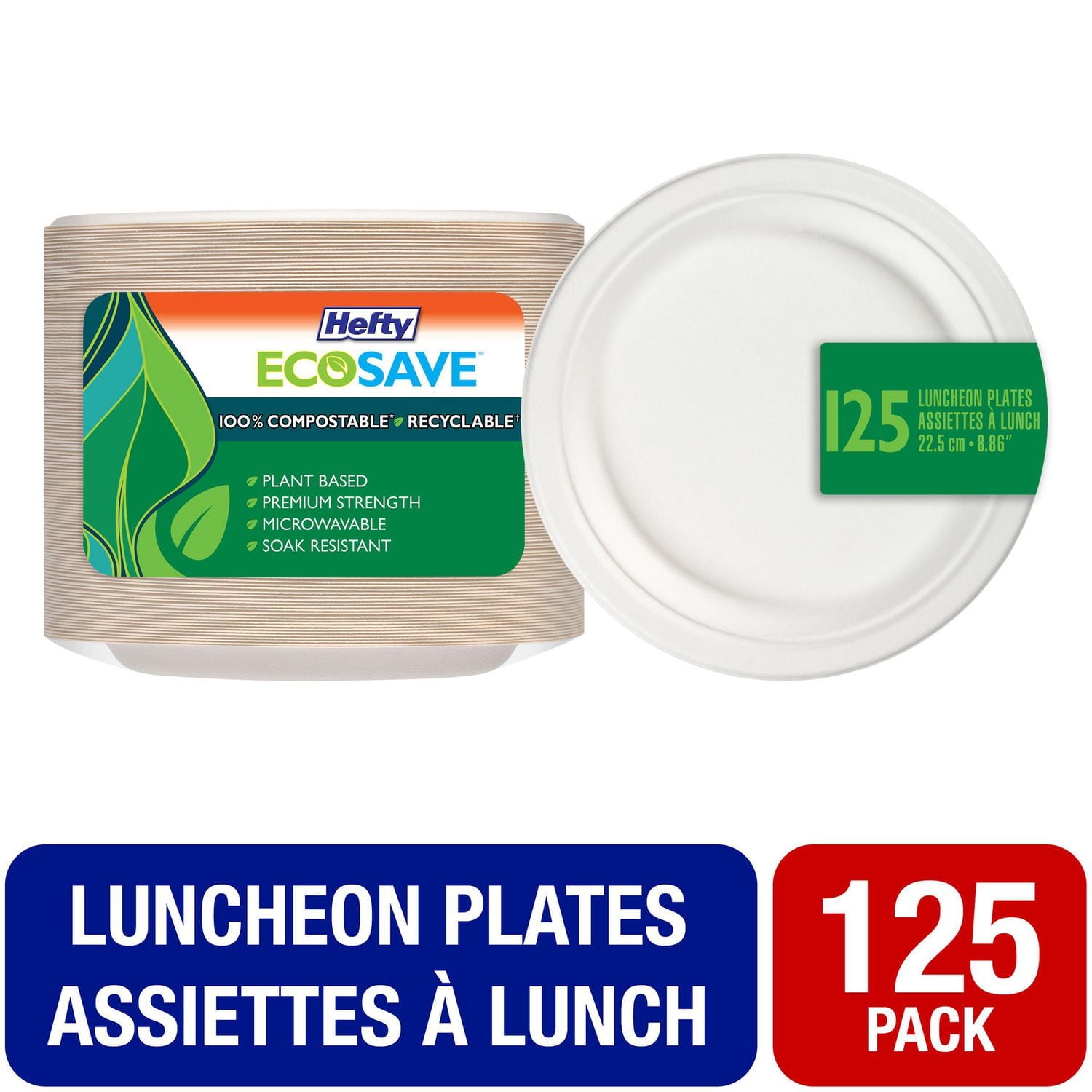 Hefty EcoSave® Assiettes à Lunch en Carton Assiette jetable compostable 8,86 po, 125 unités