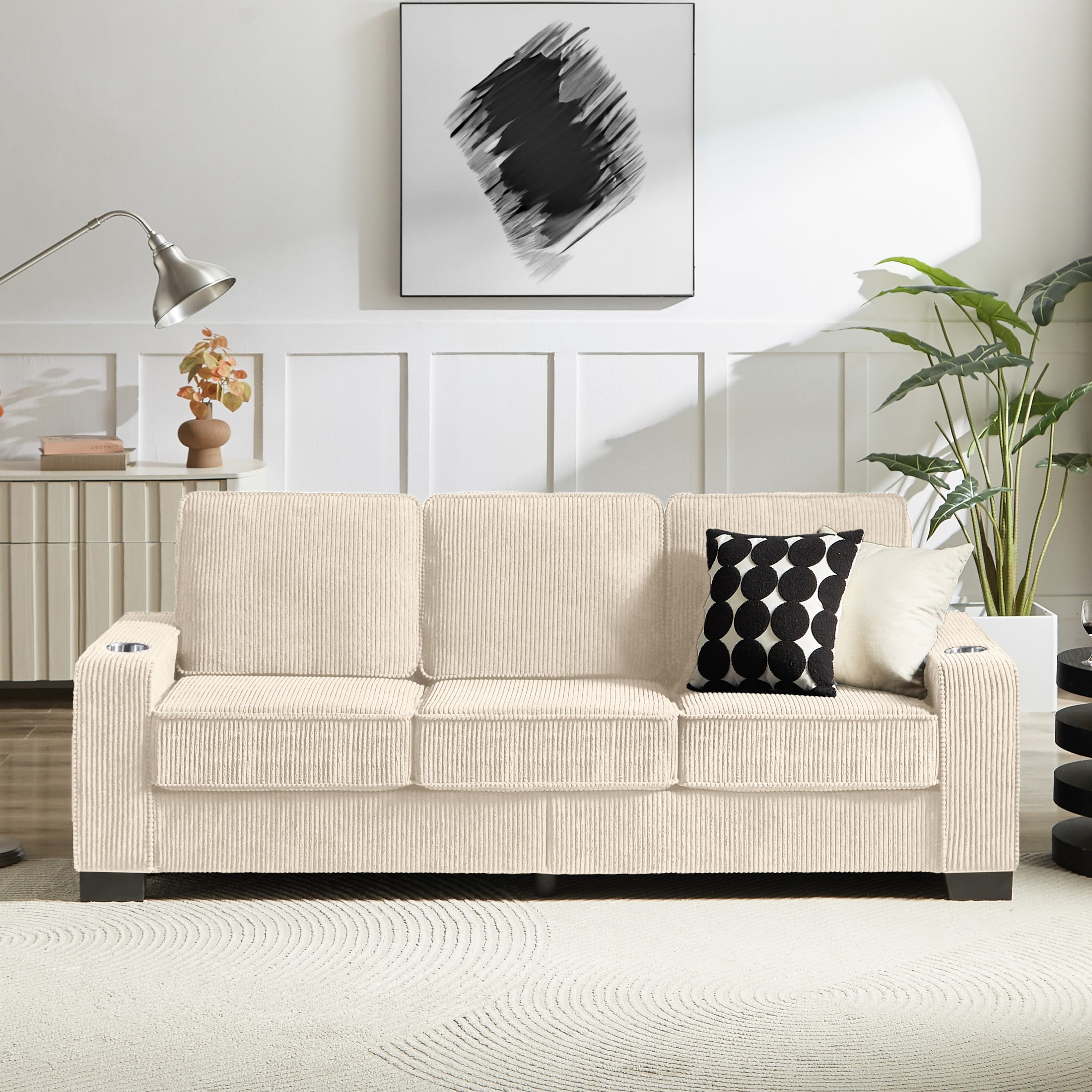 Aukfa 84" Corduroy Sofa with Cup Holders, Modern 3-Seater Fabric Couch for Living Room, Beige