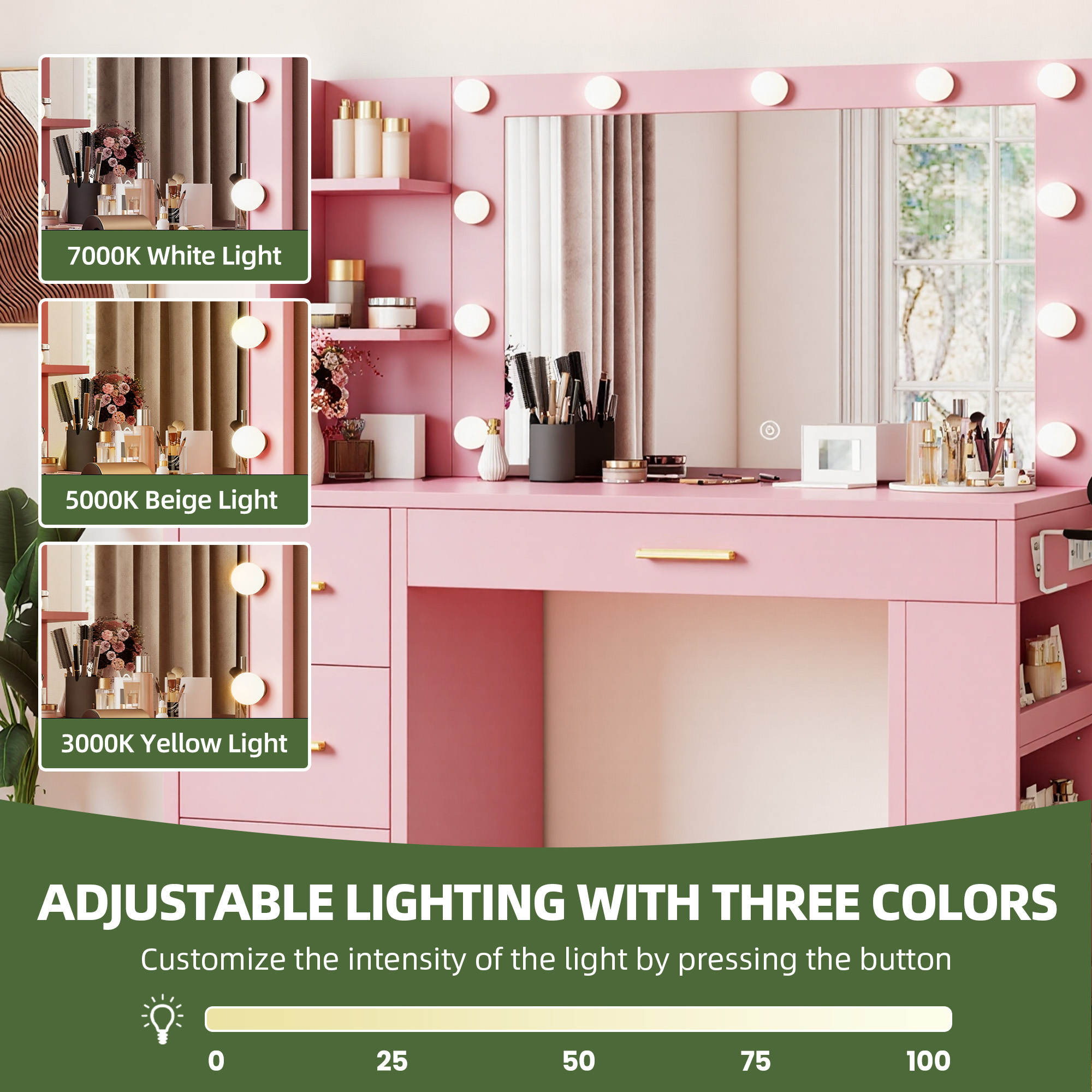 Uforic 39.5" Makeup Vanity Desk with LED Mirror, 4 Drawers, 6 Shelves, Power Outlets,Dressing Table for Bedroom - Pink