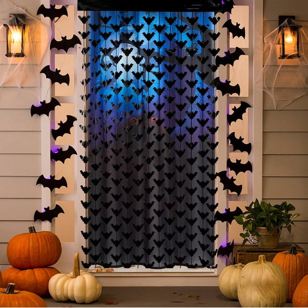 Cortina de Lluvia Decorativa de Murciélagos para Halloween, 79 X 39 Pulgadas | Marco de Puerta de Plástico Negro y Naranja para Colgar | Diseño de Calavera Espeluznante para Fiestas En Interiores | D