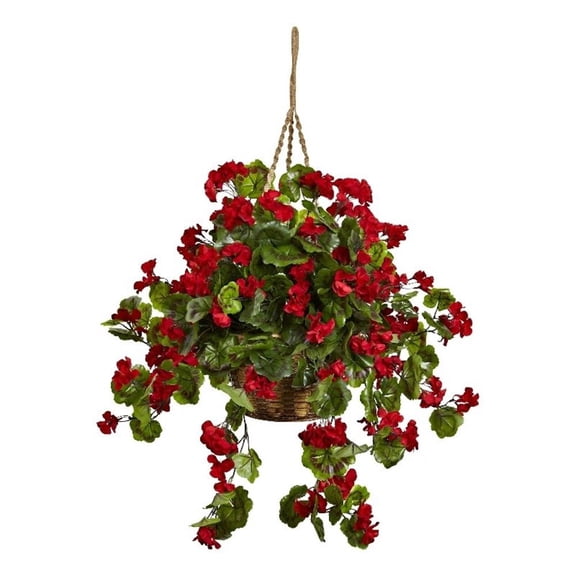 Pemberly Row Indoor/Outdoor Geranium Hanging Basket UV Resistant in Red/Brown