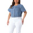 thumbnail image 4 of Agnes Orinda Women's Plus Size Cropped Denim Vest Crew Neck Button Down Short Sleeve Casual Jean Jacket with Pocket Decor 1X Light Blue, 4 of 5