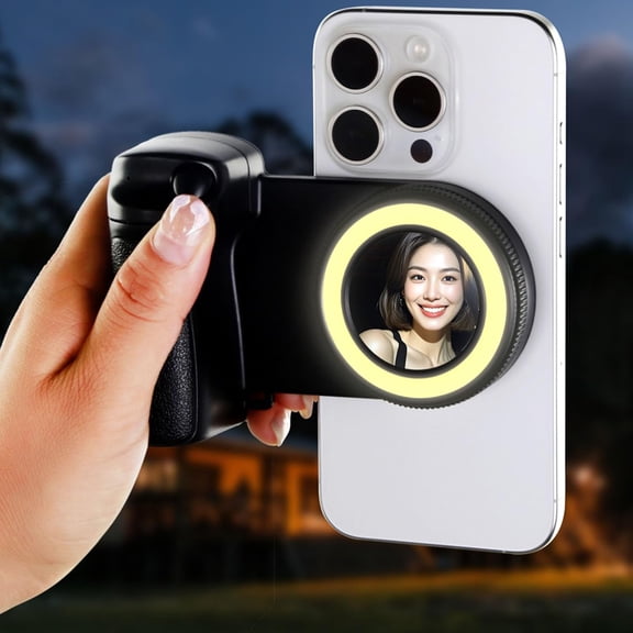 Magnetic Selfie Ring Light Phone Camera Grip Handle with Wireless Bluetooth Remote Control Portable Rechargeable LED Fill Light for Magsafe Samsung Smartphone Video Shooting