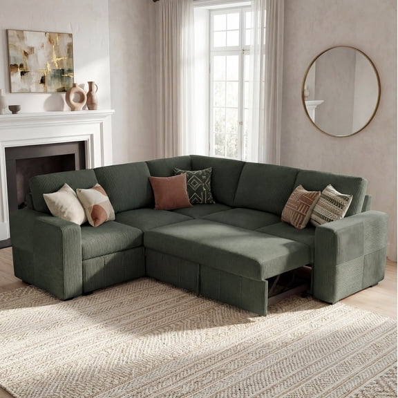 Marrber Green L-Shaped Sectional Sleeper with Pull-Out Sofa Bed Corduroy Cloud Couch with Storage for Living Room