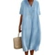 thumbnail image 2 of TIAFORD Vestido midi de lino y algodón con cuello en V y manga corta para mujer, vestido plisado con gradas, informal, suelto, de color sólido, 2 of 5