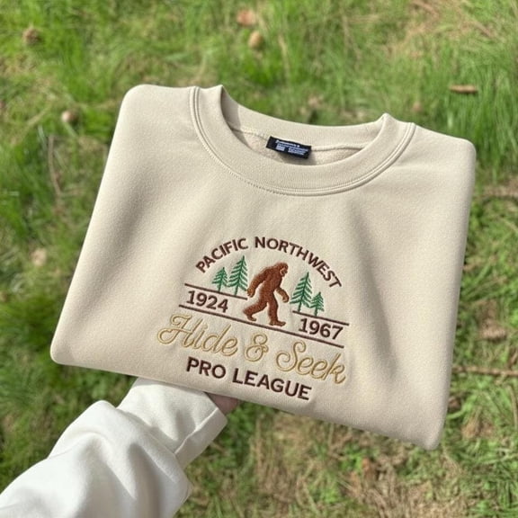 Big Foot Hide & Seek Crewneck, Heavy or Midweight Embroidered Sweatshirt, Funny Bigfoot Hiking Gift