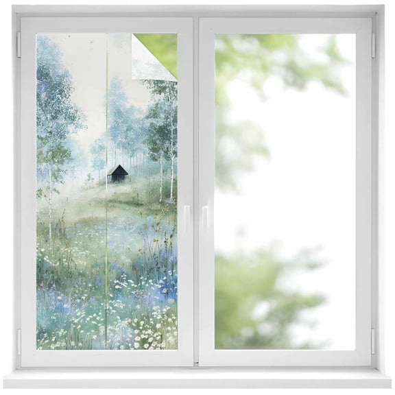 Spring Grey Green Window Privacy Film, Country Oil Painting Cabin Flowers Trees Static Cling UV Sun Blocking Heat Control Window Tint Day and Night, Non-Adhesive One Way Privacy Cover 19.6''x39.3''