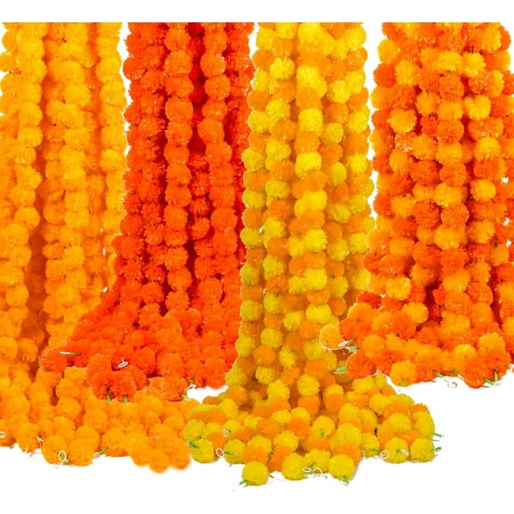 Marigold Garland for Decoration,pcs-5 ft Long Orange Artificial Marigold Flowers Garland Wedding Parties Diwali Indian Décor for Pooja Theme Home Day of The Dead Altar Dia de Muertos ofrendas Decor