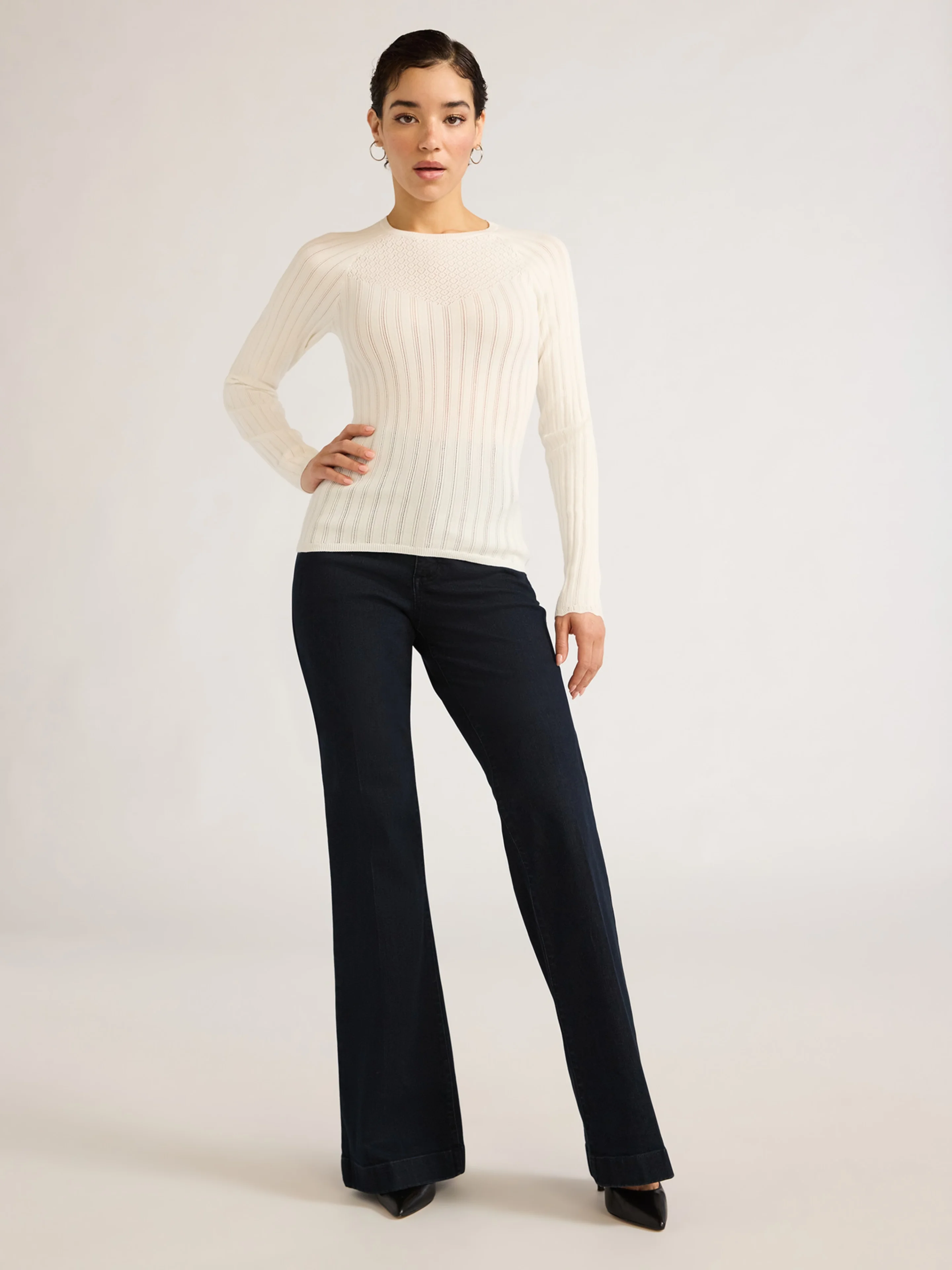 Sofia Jeans Women's Lace Crewneck Sweater with Long Sleeves, Lightweight, Sizes XS-XXL