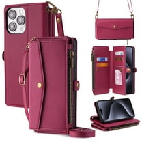 ELEHOLD Wallet Case for iPhone 15 Pro,RFID Blocking Card Holder Flip Folio PU Leather Kickstand Shockproof Protective Phone Case with Hand Crossbody Strap for iPhone 15 Pro,Red