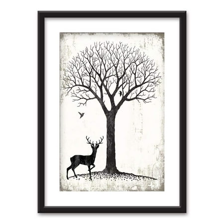 Black And White Bird Pictures wall26 - Framed Wall Art - Deer Under a Tree with Birds in Black and White - Black Picture Frames with White Matting - 23x31 inches ()