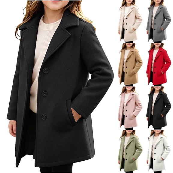 DJDLJWCJ Teen Girls Winter Wool Blend Coat Single Breasted Mid Length Trench Coat Kids Casual Outerwear Overcoat Black Size 6