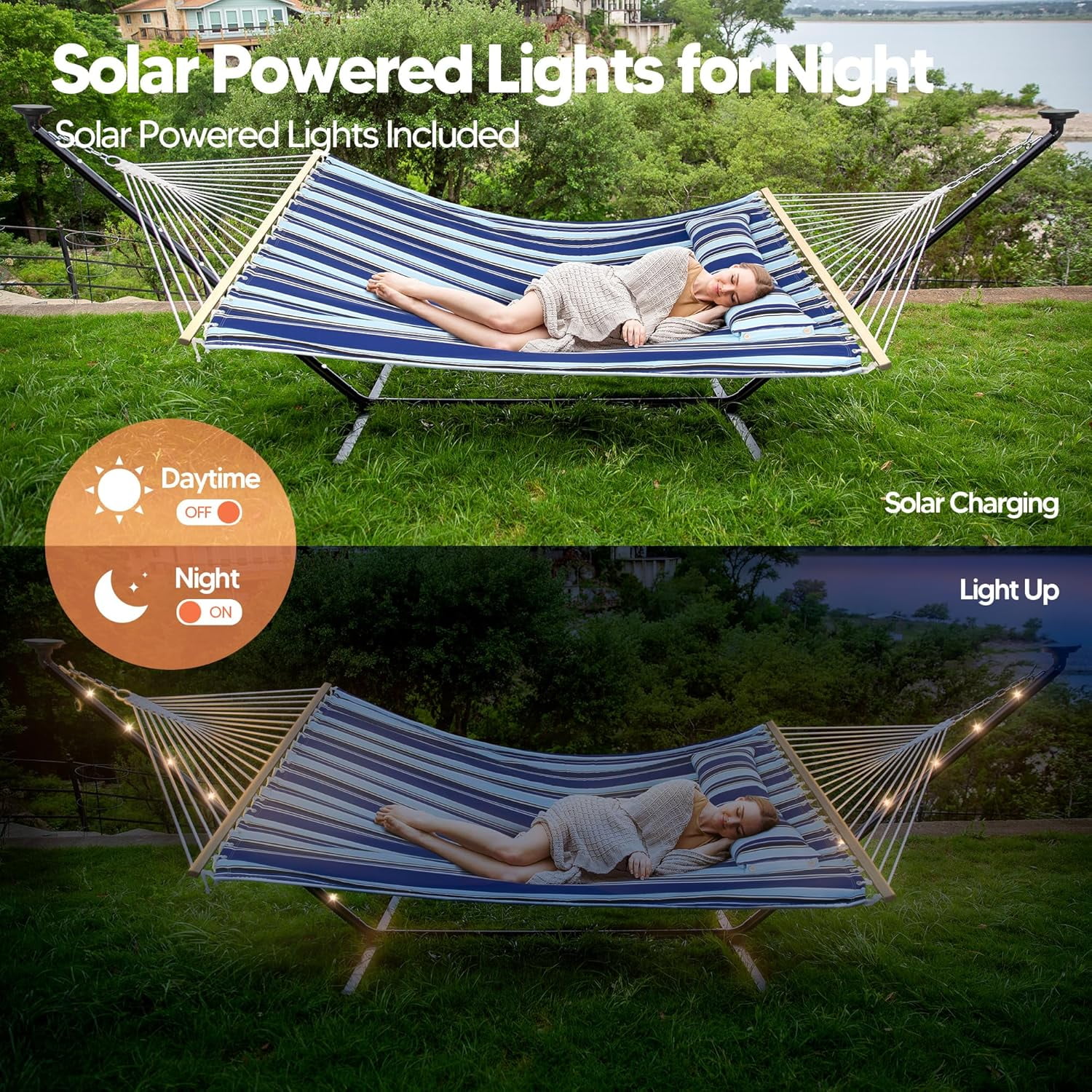 SUNCREAT Double Backyard Hammock with Solar Powered Lights for Outside, 475 lbs Capacity, Heavy Duty Self Standing Hammock with 12 ft Stand, Blue