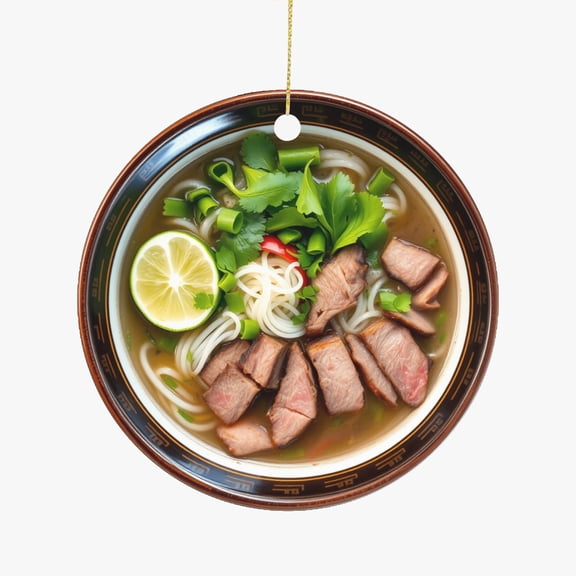 Vietnamese Pho with Beef Meat, Lime, Rice Noodles, Vietnam Cuisine Soup Food Lovers Foodie Novelty Holiday Christmas Ornament Xmas Tree Gift (Flat Design Printed on Ceramic, NOT 3D)
