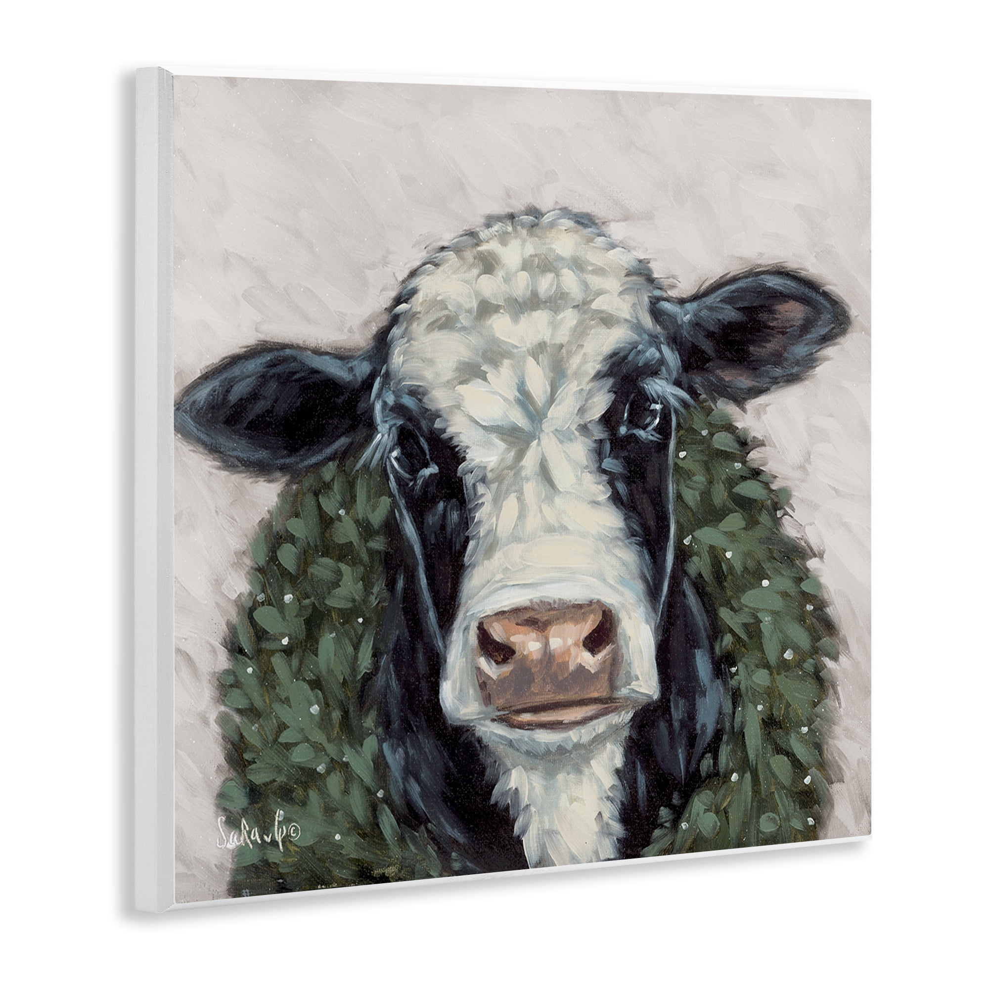 Stupell Industries Spotted Cow with Wreath Holiday Painting Unframed Art Prints Wall Art, 12 x 12
