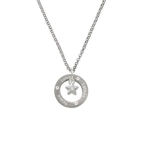 Silvertone Mini Star with Clear Crystal Peace Love Latkes Affirmation Ring Necklace
