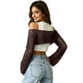 thumbnail image 4 of Womens Fishnet Crochet Crop Top Long Sleeve See Through Hollow Out Mesh Bikini Cover Ups Brown S, 4 of 6