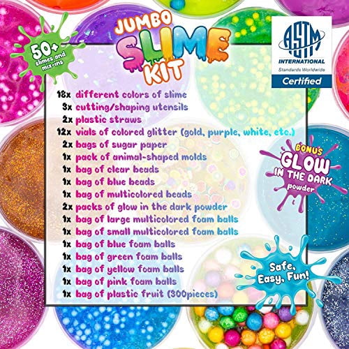 DIY Slime Kit for Girls Boys - Ultimate Glow in The Dark Glitter Slime Making Kit - Slime Kits Supplies Include Big Foam Beads Balls, 18 Mystery Box Containers Filled with Fluffy Crystal P
