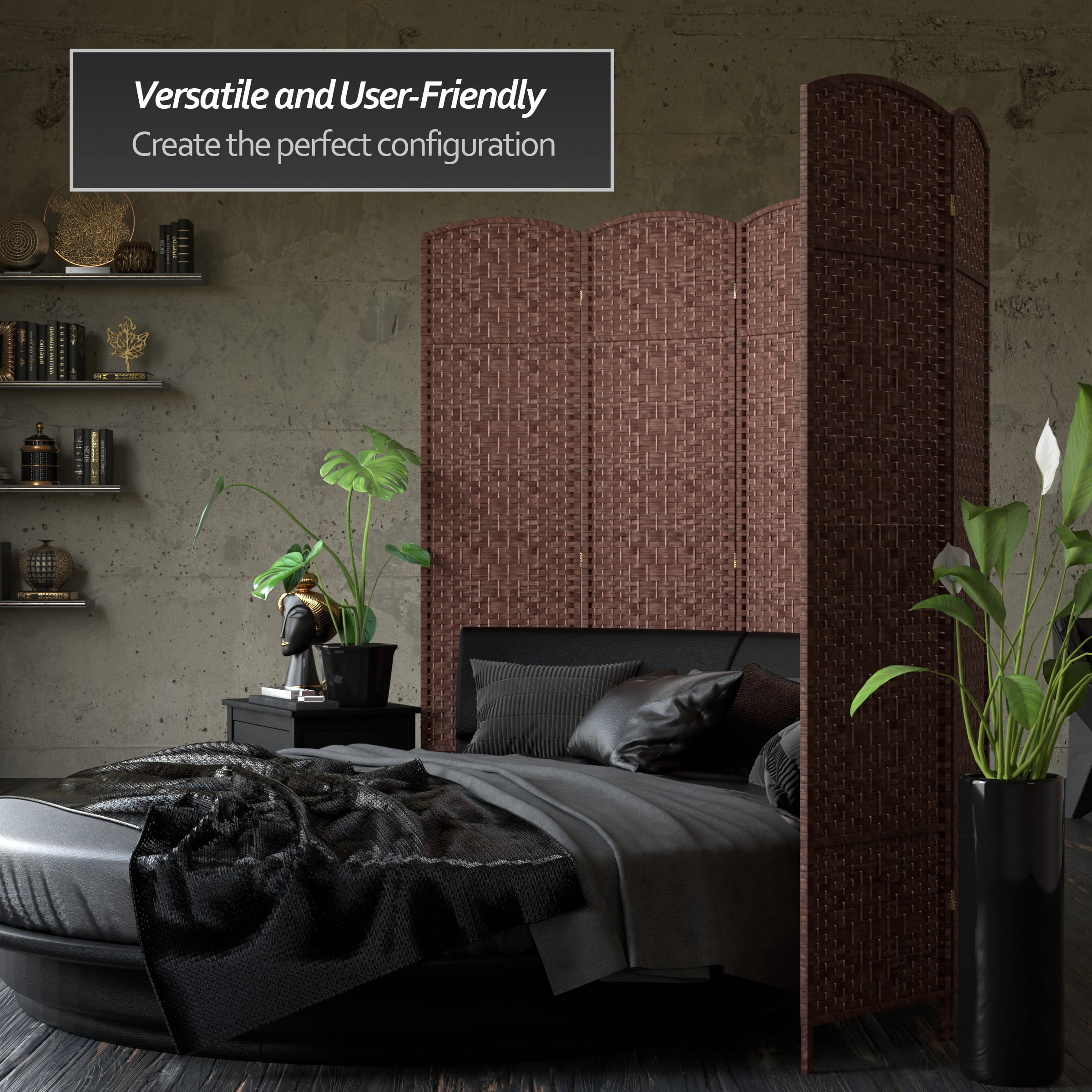 7 ft. Tall Rattan Fiber Diamond Weave Privacy Screen Room Divider - Dark Red - 3 Panels