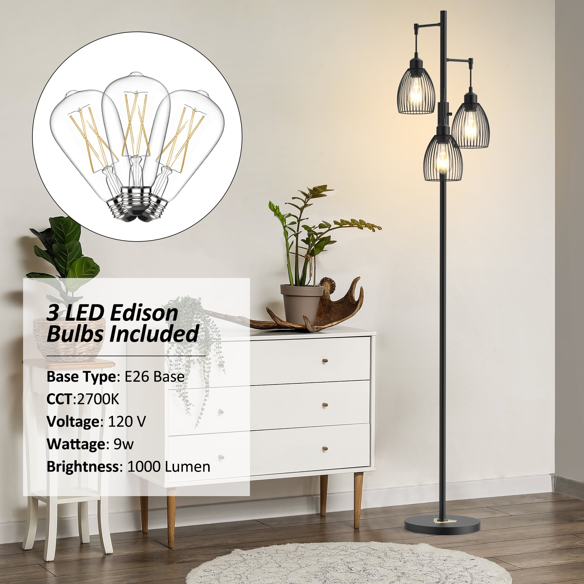 JURULU 70 inch Dimmable Floor Lamp, 3 x1000 LM Bulbs, Elegant Birdcage-Style Industrial Farmhouse Standing Tree Lamp, Perfect for Living Room, Bedroom, Office, Dining Room Decor - Black