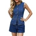 thumbnail image 4 of Cagogo Women's 2 Piece Denim Set Round Neck Sleeveless Peplum Top High Waist Shorts Matching Casual Outfit Boho Summer Travel Airport Clothes, Dark Blue XL, 4 of 7