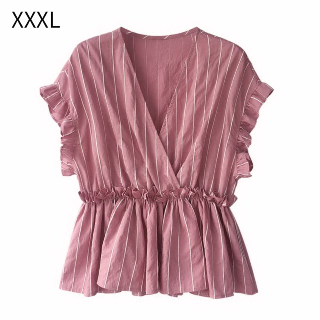 Camisa de mujer Cuello en V Manga corta Blusa de rayas con volantes Top casual, Rosa, 3XL Jumpingount AP001462-17