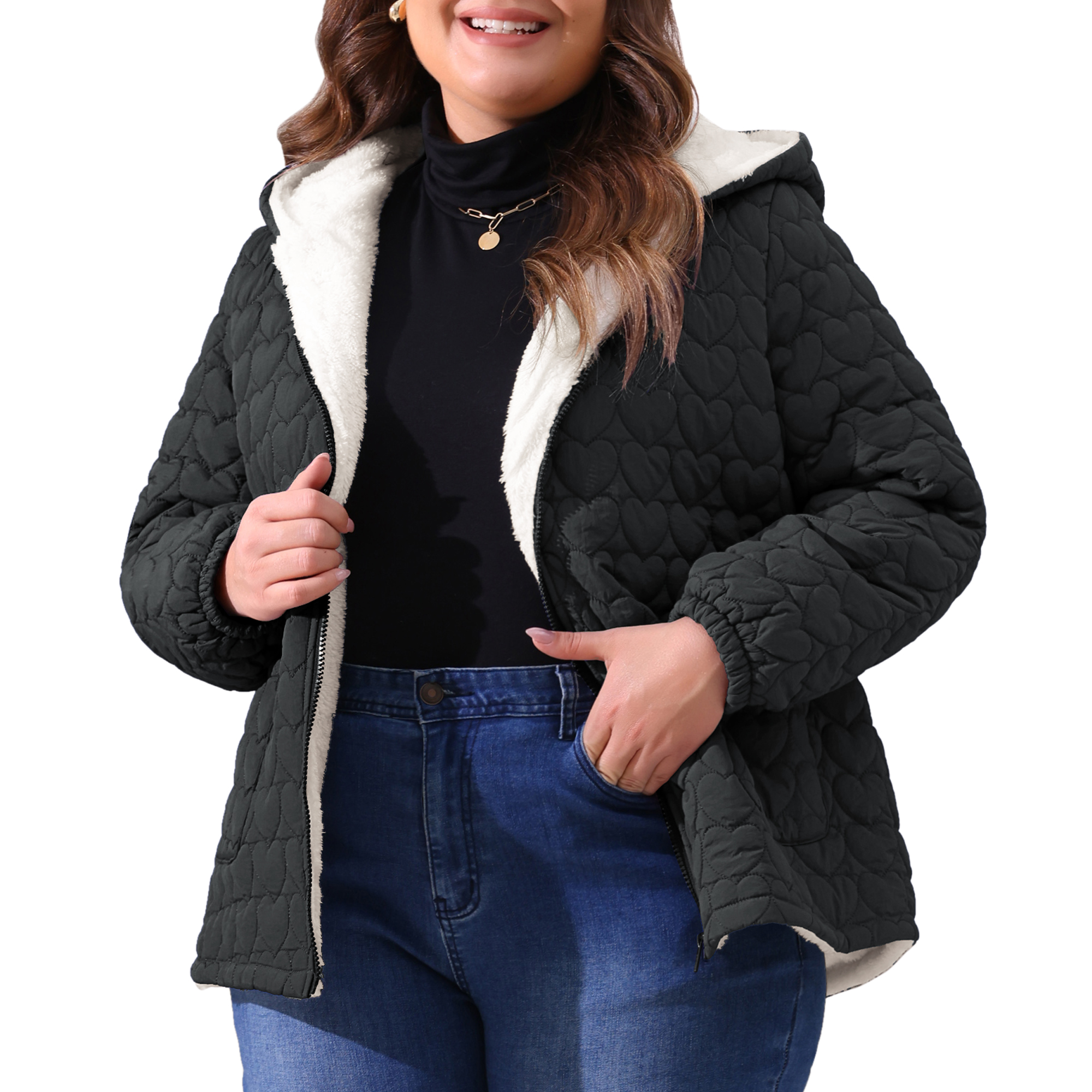 DARING DIVA Women's Plus Size Puffer Coat with Hood and Pockets 2X Black
