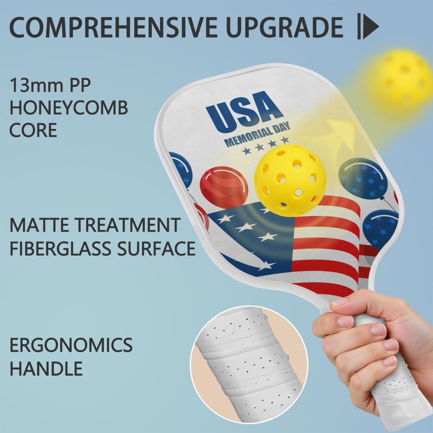 Pickleball Paddles Set Of 2, Fiberglass Surface, USA, Independence Day Print, 4 Balls & Bag